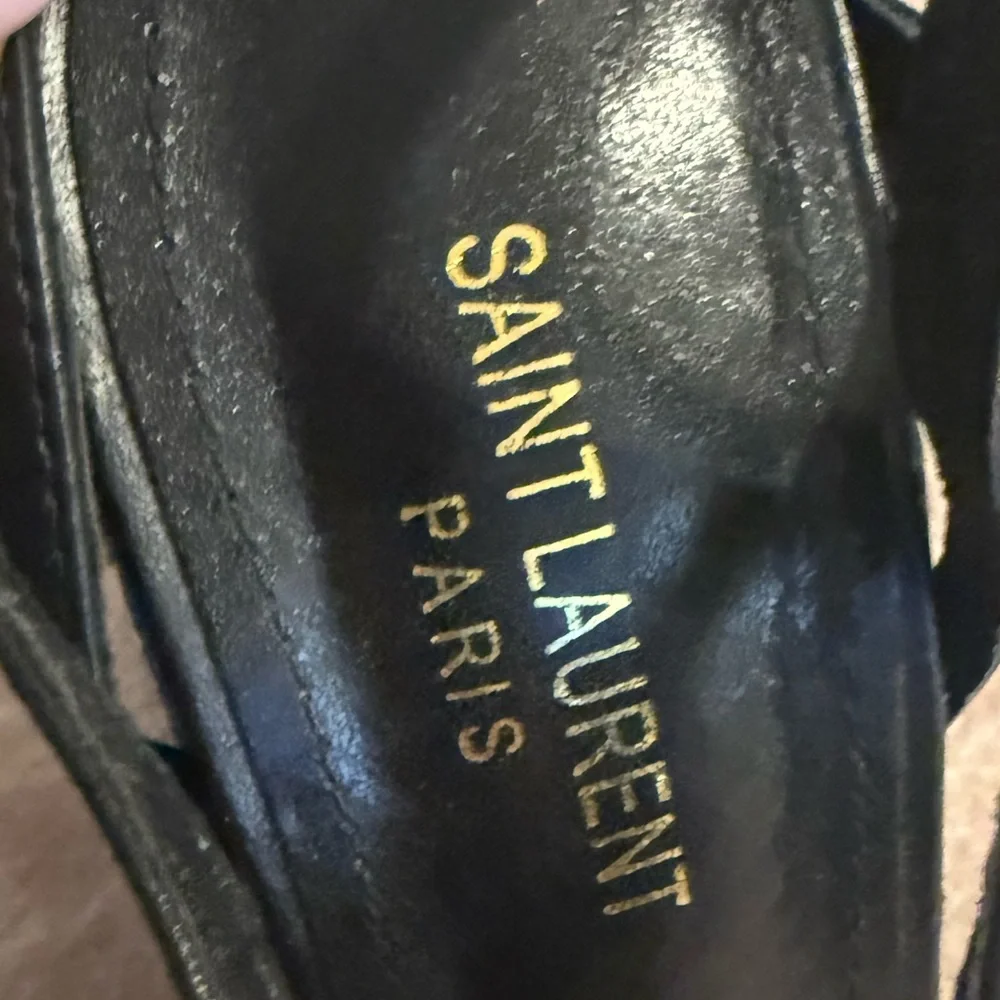 Saint Laurent Black Strappy Wedge Sandals YSL logo - Picture 9 of 10